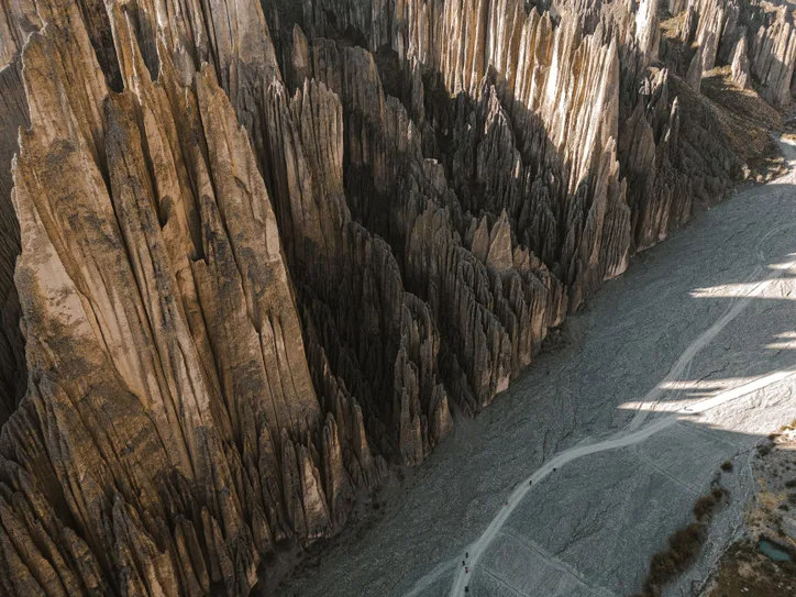 Dramatic aerial shot of Valle de las Animas in La Paz Department, Bolivia, showcasing unique rock formations.
