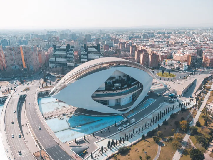 Stunning aerial shot of Palau de les Arts Reina Sofia in Valencia, Spain showcasing modern architecture.