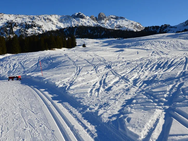A winter trail in Courchevel with snow-covered mountains under a clear blue sky.