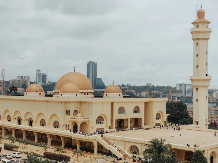 A stunning aerial shot of Uganda National Mosque, showcasing its grand Islamic architecture in Kampala.