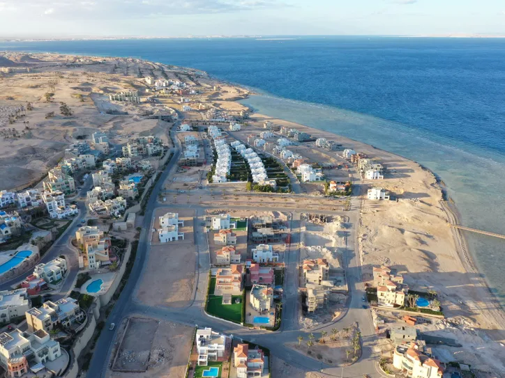 Stunning aerial view of Hurghada's coastal urban area, Red Sea, Egypt.