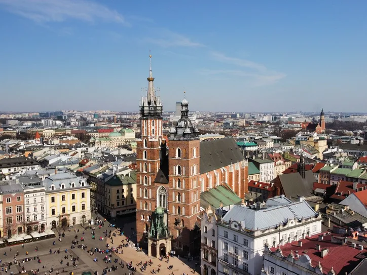 Aerial view of St. Mary's Basilica and the historic old town of Kraków, Poland.