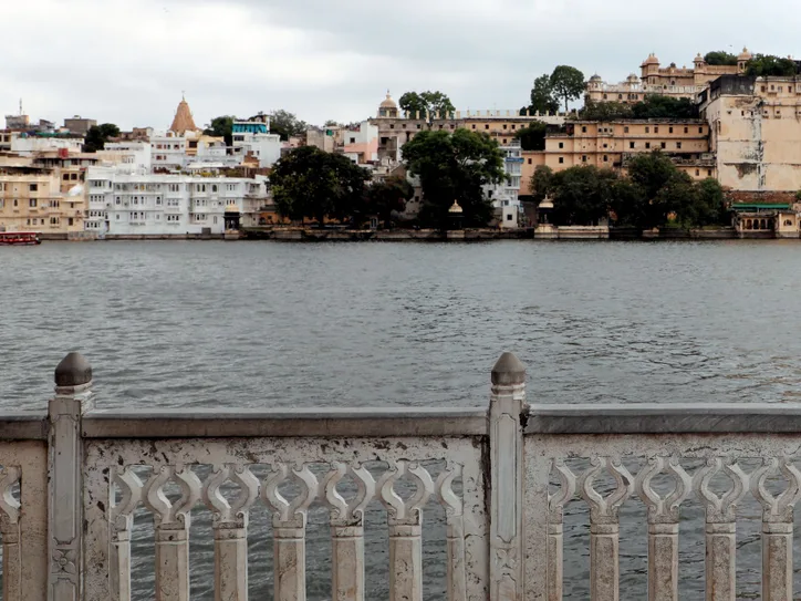 Elegant view of Udaipur cityscape with Lake Pichola and historic architecture.