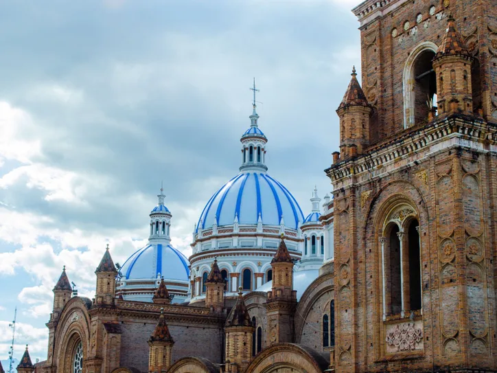 Beautiful view of the New Cathedral of Cuenca with its iconic blue domes in Azuay, Ecuador.