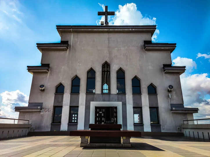 Stunning facade of Christ's Resurrection Church, a modernist landmark in Kaunas, Lithuania.
