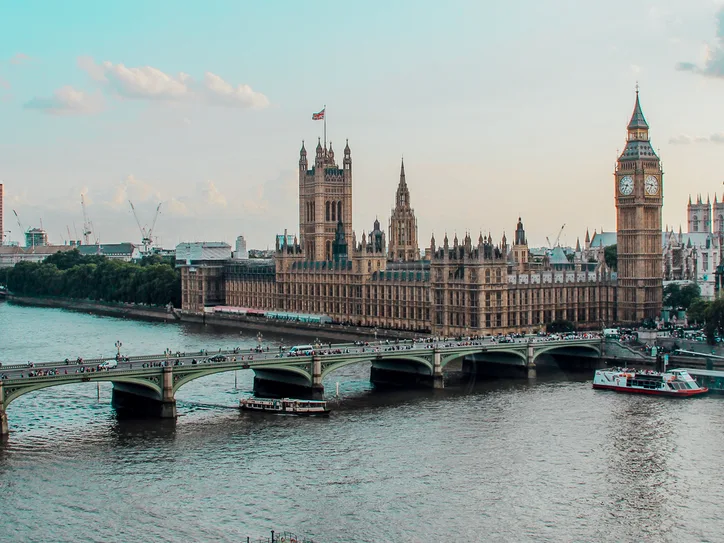 Captivating aerial view of Westminster Palace, Big Ben, and River Thames in London, UK.