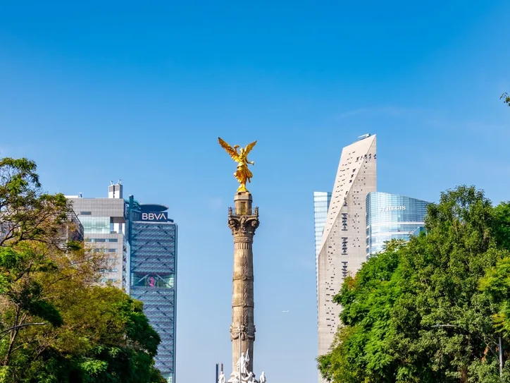 View of the Angel of Independence with vibrant marigolds and cityscape in Mexico City.