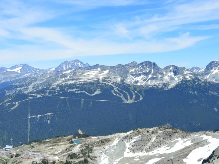 Beautiful view of Whistler mountain ranges with snow in British Columbia, Canada.