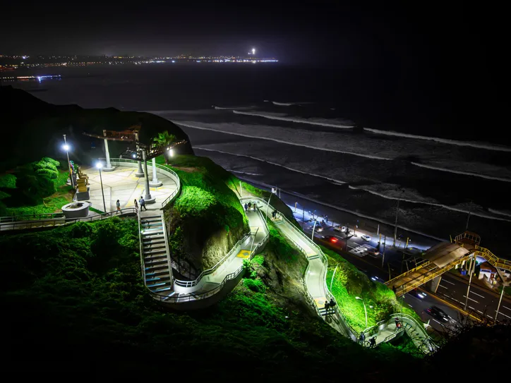 Stunning nighttime view of the illuminated Malecón in Miraflores, Lima, Peru at night.