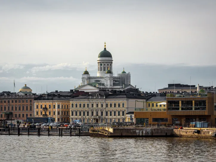 Beautiful view of Helsinki Cathedral and surrounding buildings by the waterfront in Helsinki, Finland.