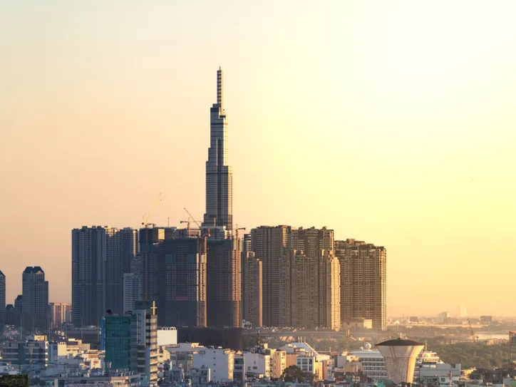 Captivating view of Ho Chi Minh City's modern skyline with Landmark 81 at sunset.