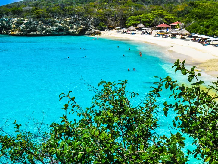 A breathtaking view of Curaçao's tropical beach with clear turquoise waters and lush greenery.