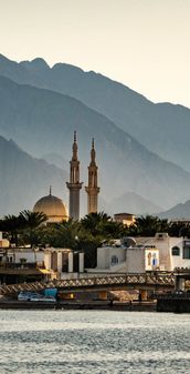 Beautiful mosque with mountains in the background, Dahab, Egypt.
